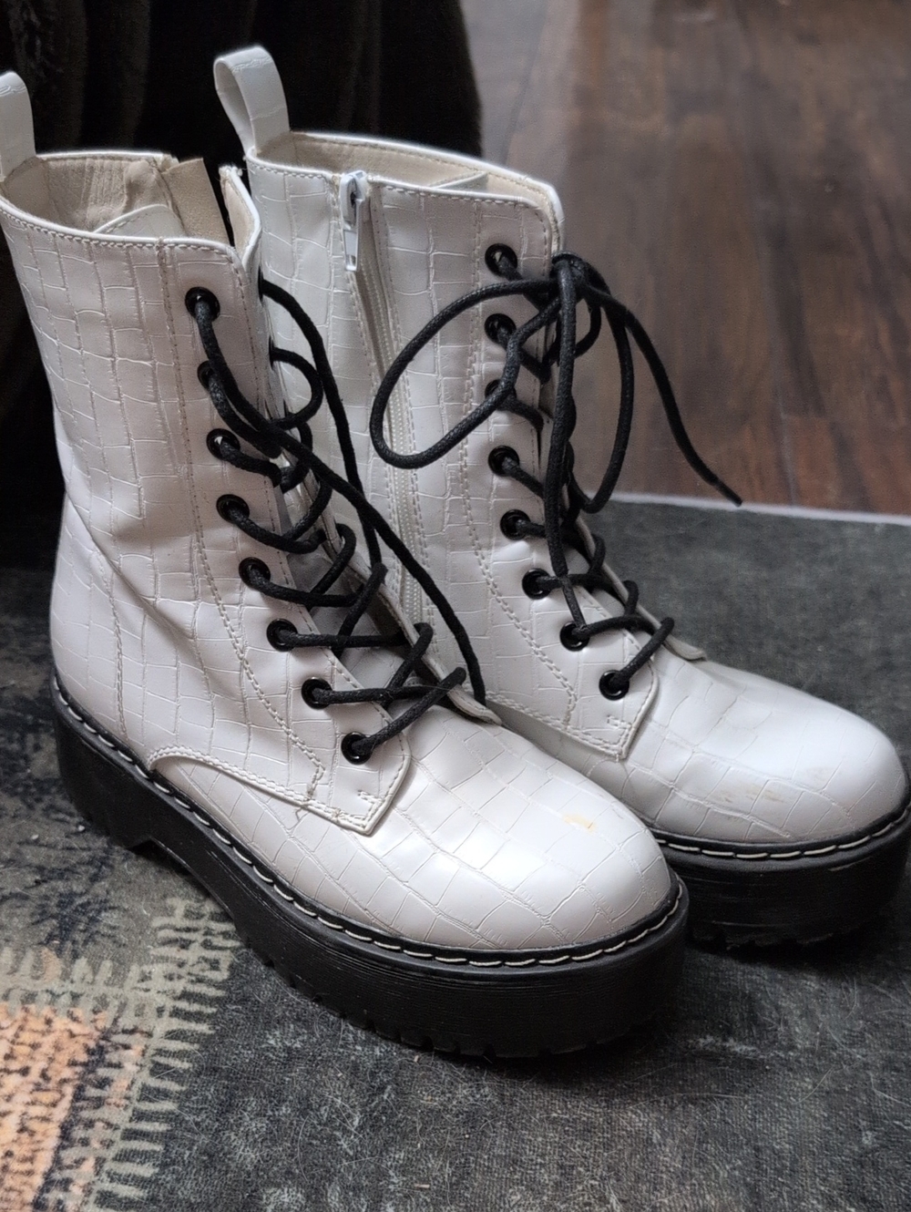 White Croc-Textured Platform Combat Boots - Women- Unionbay